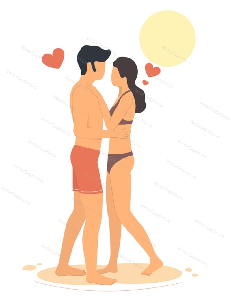 Happy loving couple hugging on beach, flat vector illustration. Romantic vacation, summer beach holiday, honeymoon.