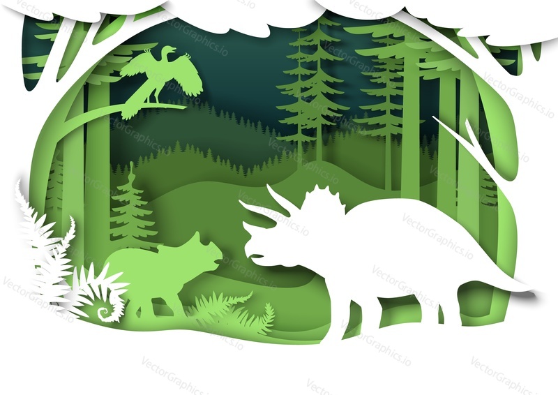 Paper cut dino silhouettes and nature landscape. Triceratops dinosaur, vector illustration. Kids education. Archeology, history.
