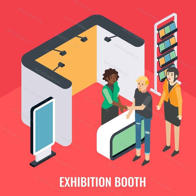 Trade show exhibit booth, flat vector isometric illustration. Trade fair, promotional event scene with sales promoter and customers. Exhibition booth. Counter display demonstration stand.