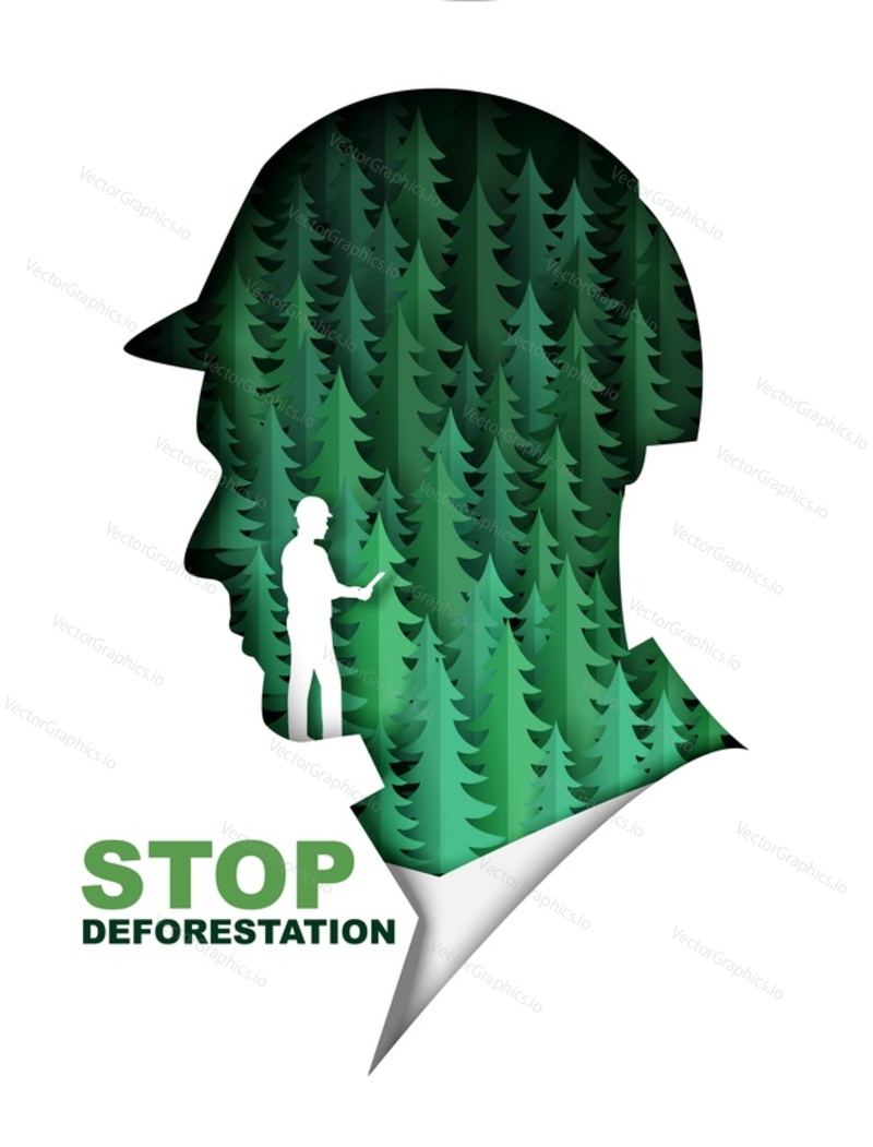 Stop deforestation poster, banner template. Green fir trees inside of man head silhouette, vector illustration in paper art style. Save forest, protect nature, save planet Earth. Ecology problem.