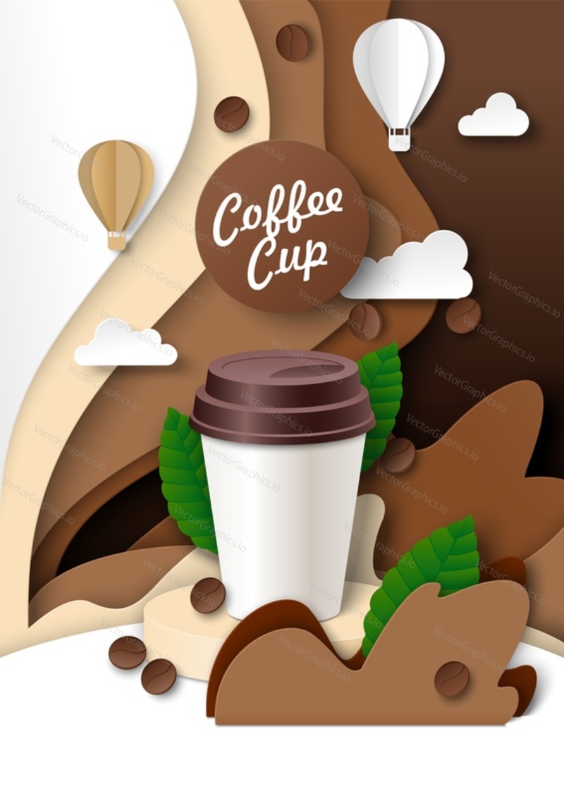 Takeaway coffee cup ads template, vector illustration. Blank plastic disposable cup realistic mockup, paper cut coffee splashes and beans.