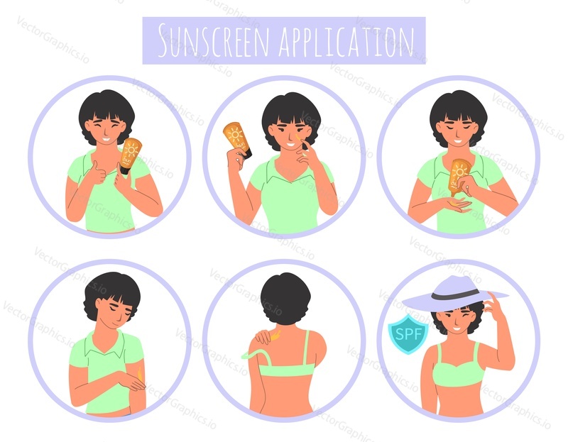 Sunscreen application steps, flat vector illustration. Guide how to use sunblock cream before going in the sun. Sunburn protection procedure. Face and body skin care routine.