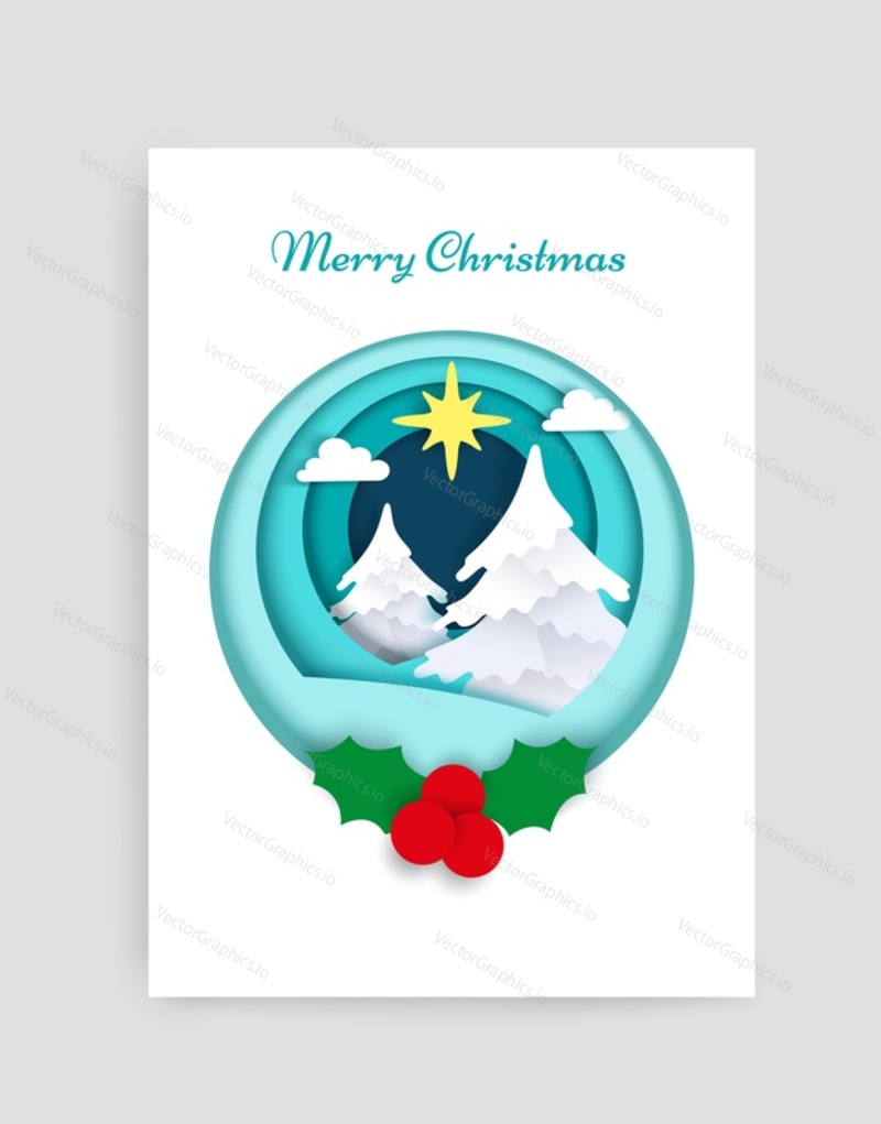 Merry Christmas card vector design template. Paper cut craft style winter composition of white snowy Christmas trees and holly berries in circle.