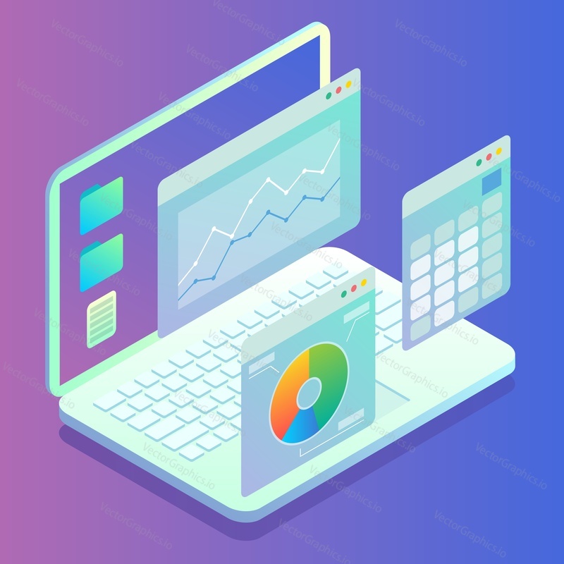 Web analytics concept flat vector illustration. Isometric laptop computer with charts, graphs on screen. Data analysis, website statistics.