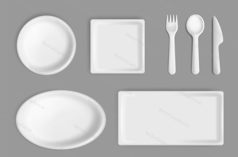 Disposable tableware mockup, set, vector isolated illustration. Empty white plastic or paper plates, spoon, knife and fork. Realistic disposable takeaway food cutlery and dishes. Picnic kitchenware.