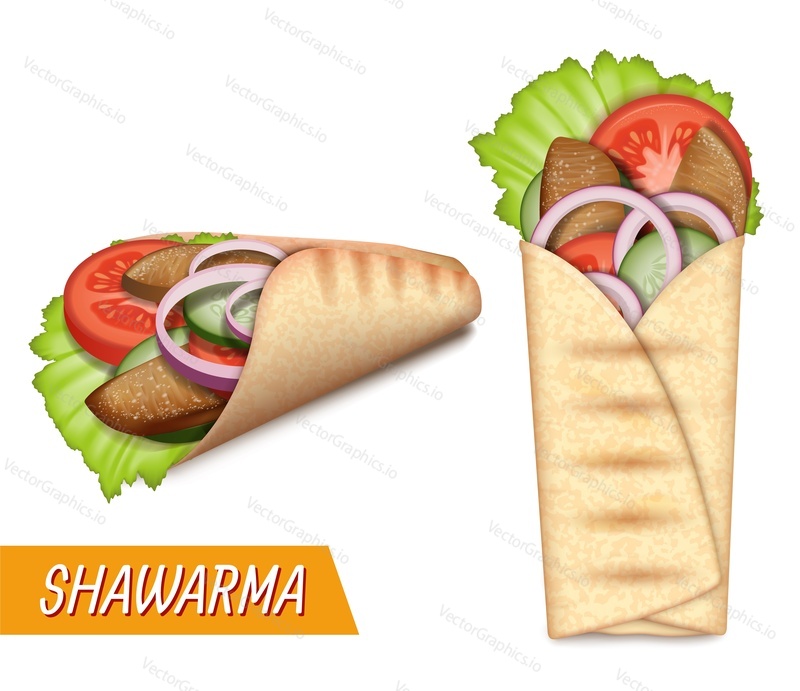 Shawarma set, vector illustration. Turkish takeaway fast food. Realistic pita bread roll with chicken or beef meat, salad and vegetables. Tortilla wrap. Kebab, burrito. Shawarma sandwich.