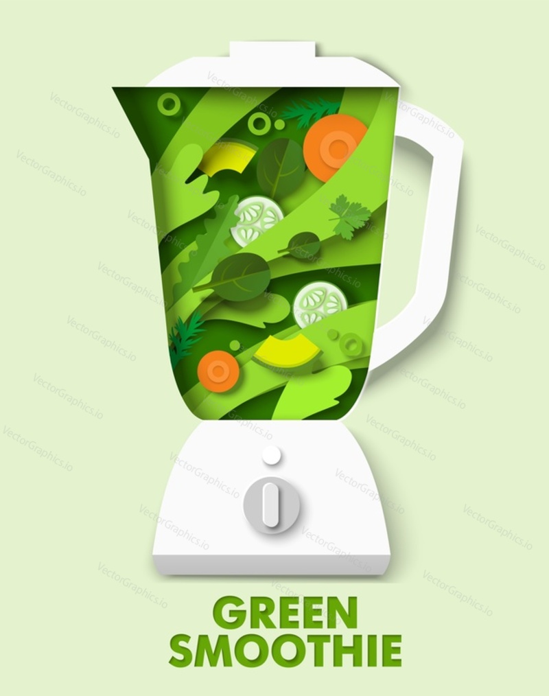 Blender with delicious vegetable smoothie, vector paper cut illustration. Healthy drink made of cucumber, carrot and greens. Food rich in vitamins and minerals. Green smoothie poster, banner template.