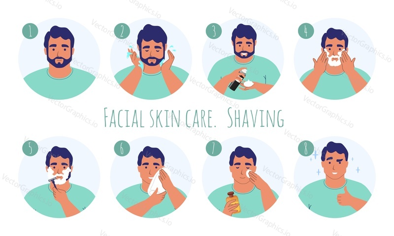 8 step men facial skin care, flat vector illustration. Washing face, shaving with razor using shave foam, soap or cream, and applying aftershave for smooth skin. Male grooming, shaving routine.