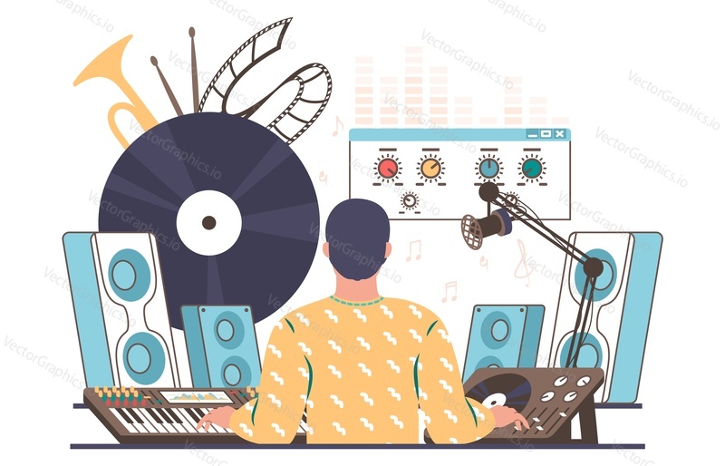 Sound designer, engineer creating, mixing, recording music, flat vector illustration. Entertainment industry. Sound production equipment.
