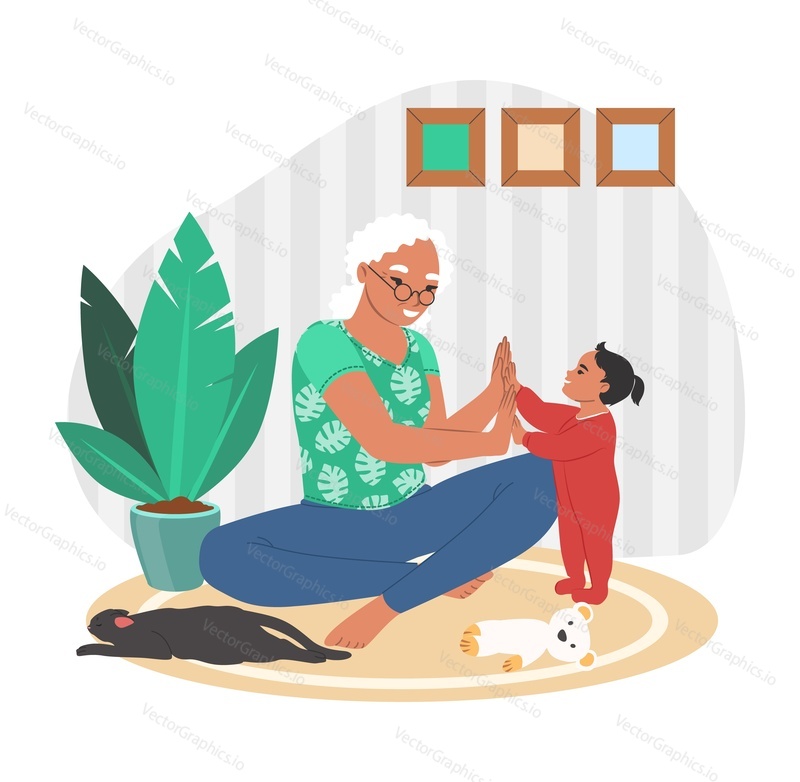 Счастливая бабушка играет с внучкой, сидя на ковре, плоская векторная иллюстрация. Бабушка и внук проводят время вместе. Отношения между бабушкой и дедушкой и внуком.