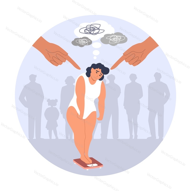 Human fingers pointing at sad overweight woman standing on weight scales, flat vector illustration. Social pressure, fat shaming, victim of bullying concept.