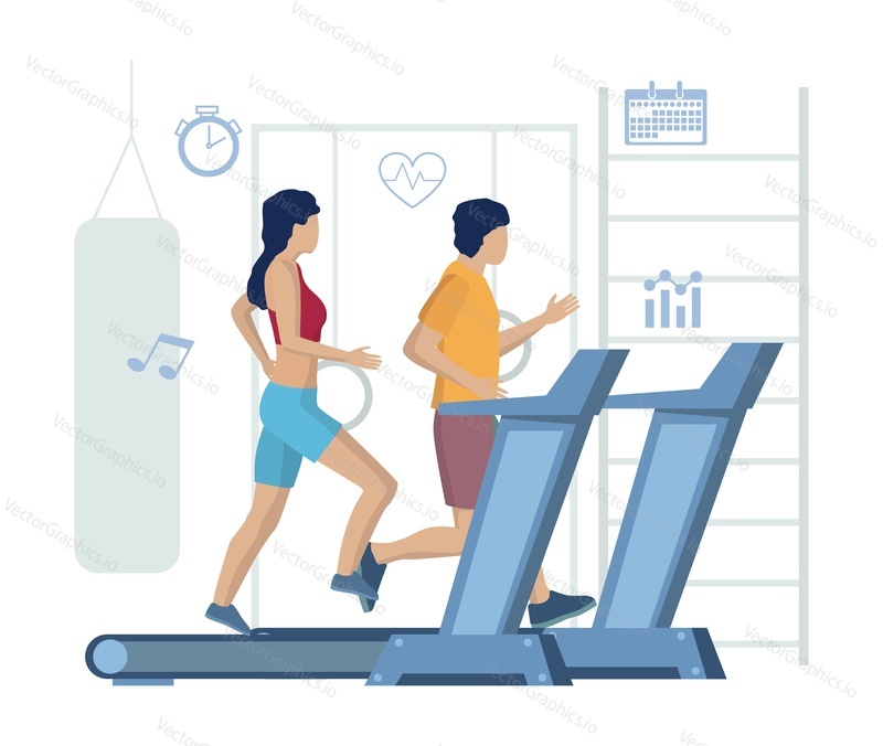 Couple running on treadmills, flat vector illustration. Fitness gym treadmill workout, healthy lifestyle, sport equipment.
