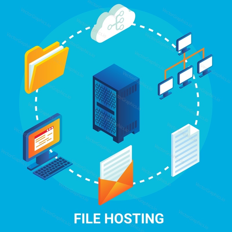 File hosting flowchart, vector illustration. Isometric server racks, user folder, computer, email, cloud storage. Internet hosting service. File sharing platform.