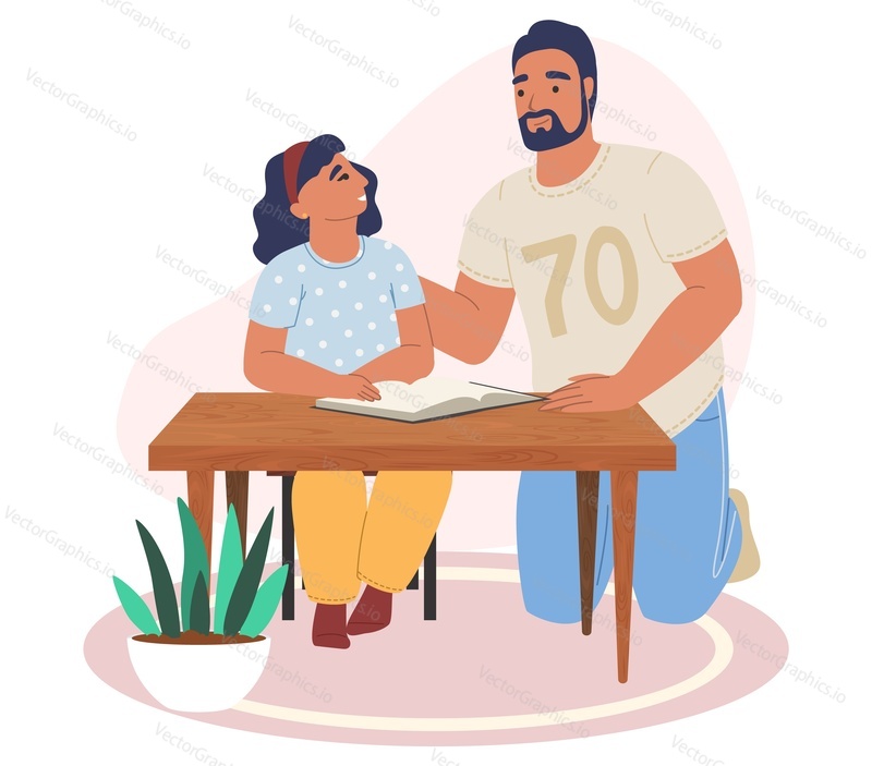Happy father and daughter reading book together, flat vector illustration. Dad with kid spending time together. Parent child relationship, happy fatherhood and parenting.