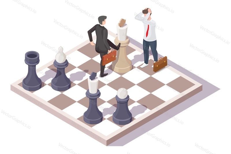 Loser and winner, businessman characters on chess board, flat vector isometric illustration. Business competition, strategy, competitive fight in business concept.