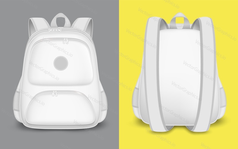 Backpack mockup set, vector isolated illustration. Realistic white school bag template. Sport tourist rucksack with zipper, handle, straps, front and back view.