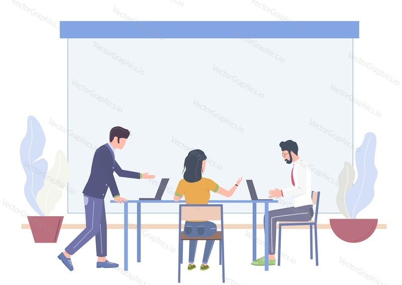Business people planning, discussing problems sitting at table in office, flat vector illustration. Business meeting, workshop, teamwork, brainstorm, training.