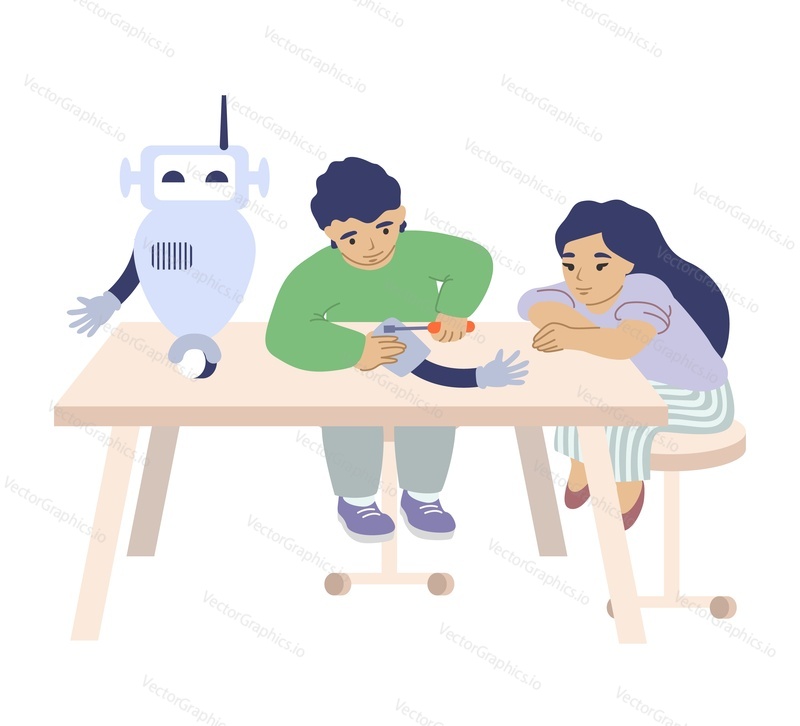 Happy children, boy and girl making smart robot, flat vector illustration. Robotics school, kid engineering club, robotic class.