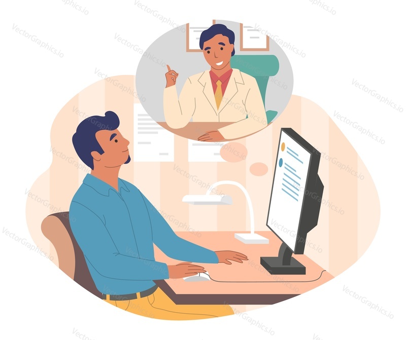 Businessman talking with his colleague online using computer sitting at table in office, flat vector illustration. Remote work, home office, online chat communication technologies. Webinar, freelance.