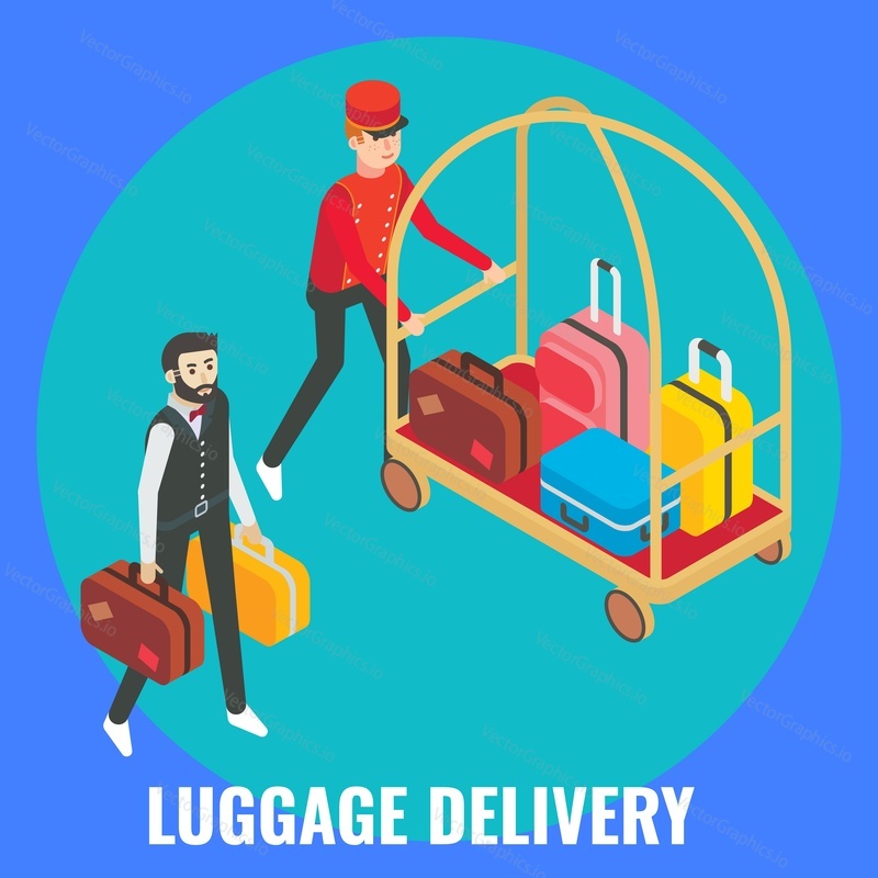 Hotel porter, hospitality professional helping guest male with his luggage, flat vector isometric illustration. Luggage delivery, hotel services.