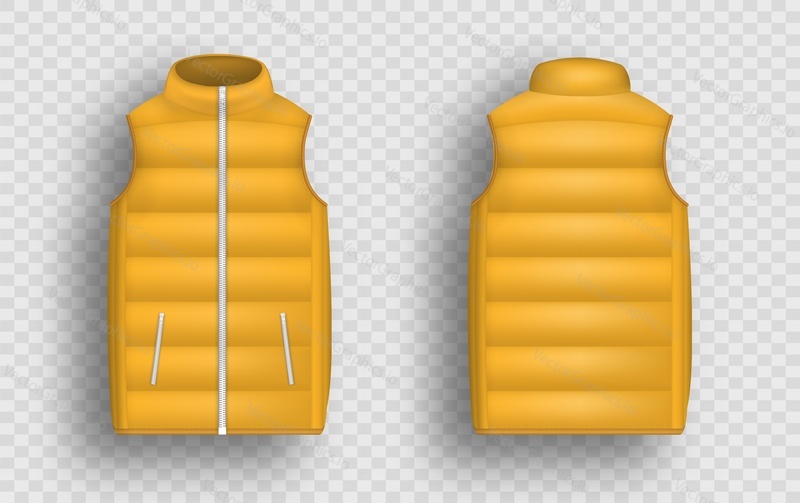 Orange winter puffer vest, sleeveless jacket mockup set, vector illustration isolated on transparent background. Realistic warm waistcoat, down padded vest template, front and back view.
