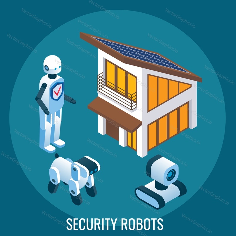 Automated security and surveillance robots, flat vector isometric illustration. Home watchdog, camera, security guard robots protecting house. Artificial intelligence, robotics assistance.