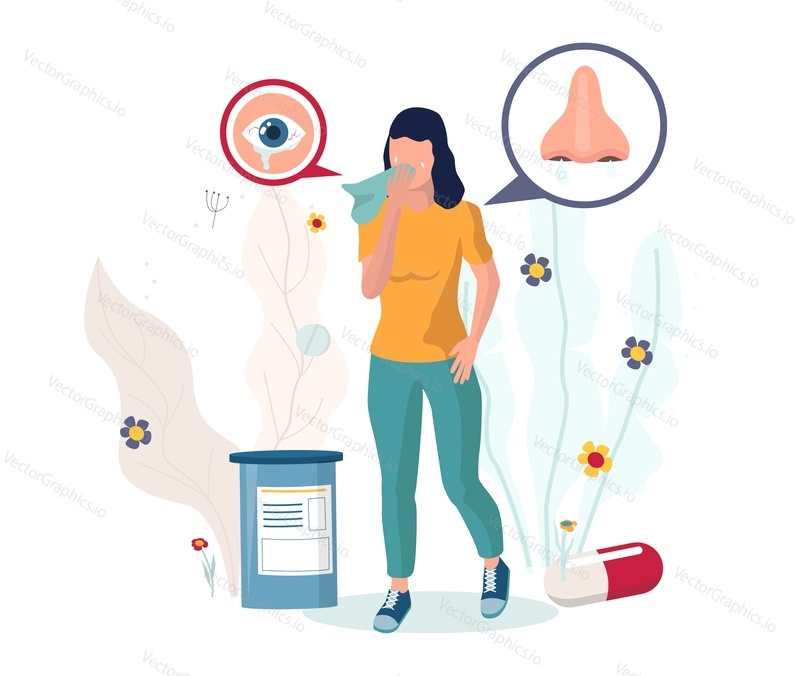 Pollen allergy. Woman suffering from sneezing, runny nose, red itchy watery eyes, cough, flat vector illustration. Seasonal allergy symptoms and treatment. Lactose intolerance.