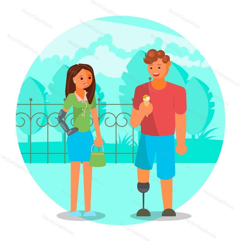 Happy couple with leg and arm prosthetics enjoying full life walking together, flat vector illustration. Disabled people lifestyle, handicapped relationship, romantic date.
