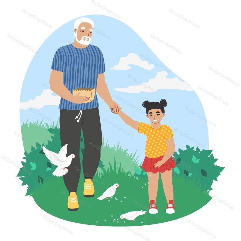 Happy grandfather walking with granddaughter, feeding doves in the park, flat vector illustration. Grandpa and grandkid spending time together. Grandparent grandchild relationships.