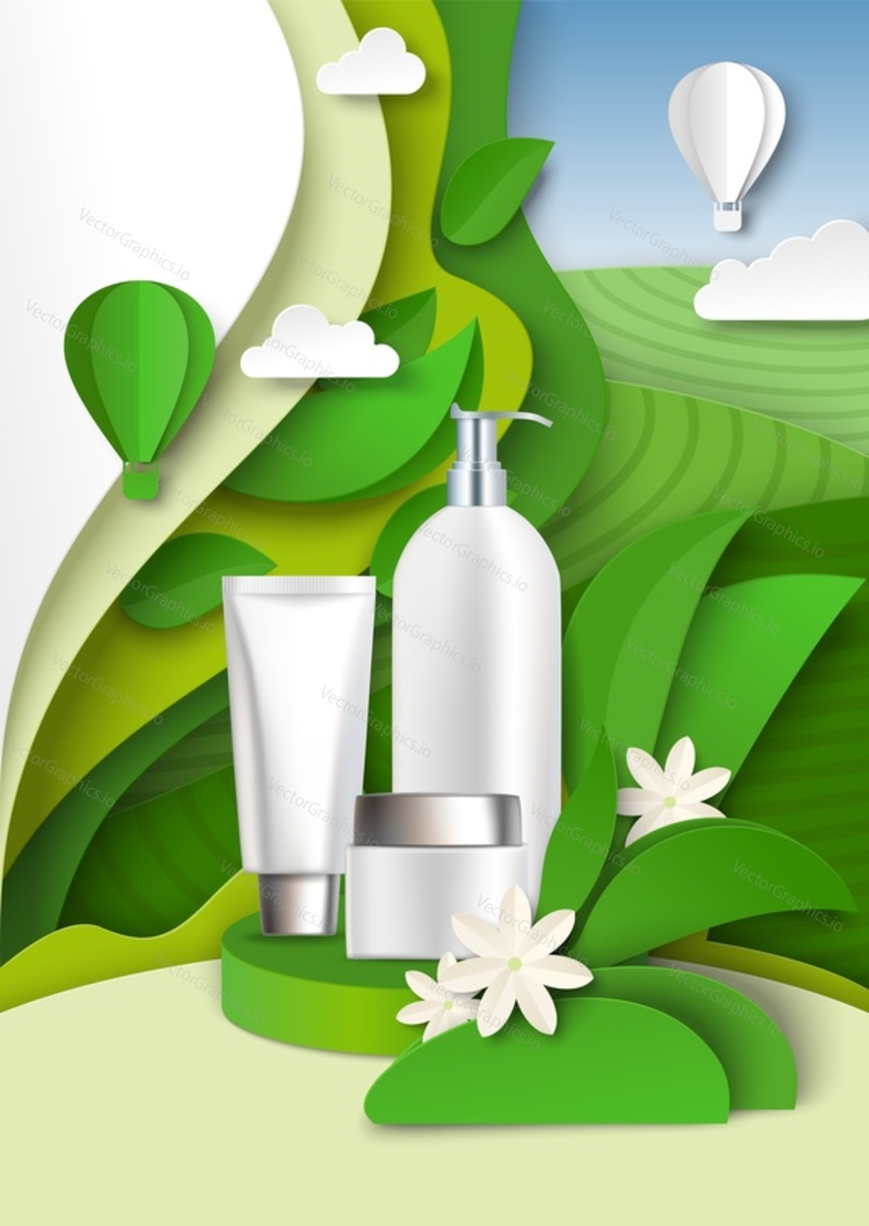 Green tea cosmetic ads template, vector illustration. White blank cosmetic bottle mockups, paper cut craft style green leaves, fields. Beauty and skin care products with tea extract.