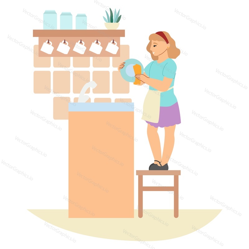 Cute girl washing dishes while standing on chair in kitchen, flat vector illustration. Kid helping her mother do household chores. House cleaning, housekeeping.