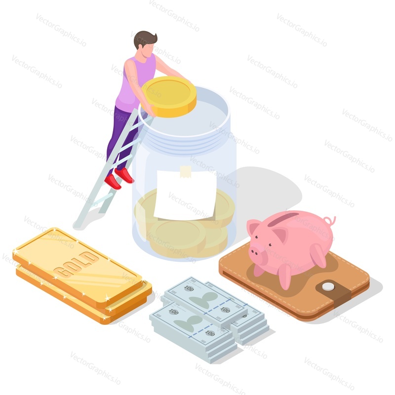 Gold ingot, cash, piggy bank, man putting dollar coin in glass jar, flat vector isometric illustration. Financial investment concept.