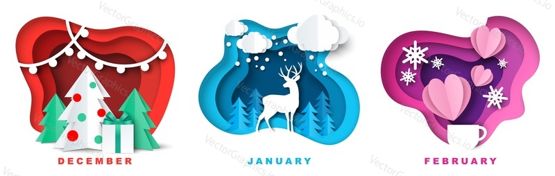 December, January and February winter season months. Christmas tree, reindeer, Valentines Day pink hearts, vector illustration in paper art style. Winter holidays composition set for calendar, card.