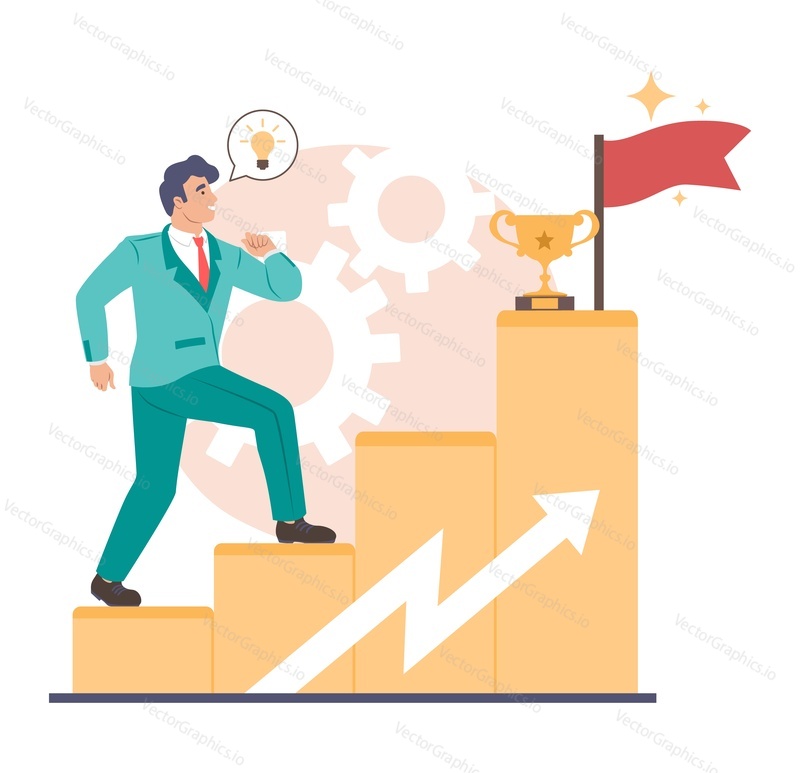 Confident businessman climbing career ladder with trophy award and flag on the top, flat vector illustration. Professional career growth, business success, leadership.