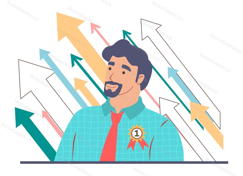 Business man, up arrows, flat vector illustration. Professional career growth, business success, leadership.