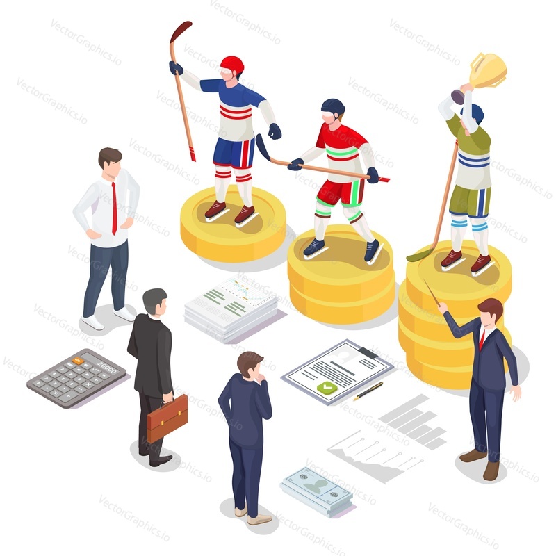 Ice hockey draft process concept flat vector isometric illustration. Professional sport hockey league teams selecting players from junior teams.