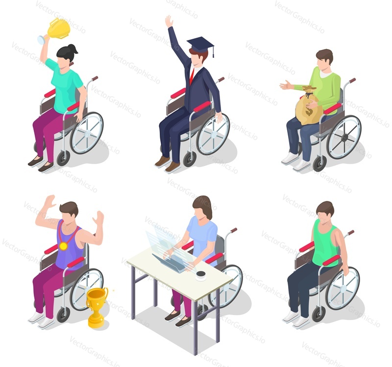 Disabled person, male and female cartoon character set, flat vector isometric illustration. Athlete, student graduate, office worker, businessman in wheelchair. Disabled people lifestyle.