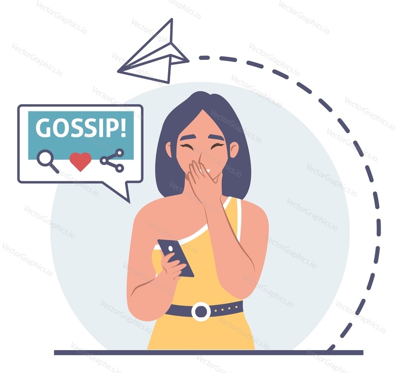 Amazed shocked girl looking at smartphone closing mouth with her hand, gossip chat bubble, paper plane, flat vector illustration. Online communication. Mobile message chat app.