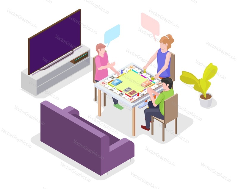 Happy kids playing board game sitting at the table, flat vector isometric illustration. Children spending time together playing table game. Home leisure activities.