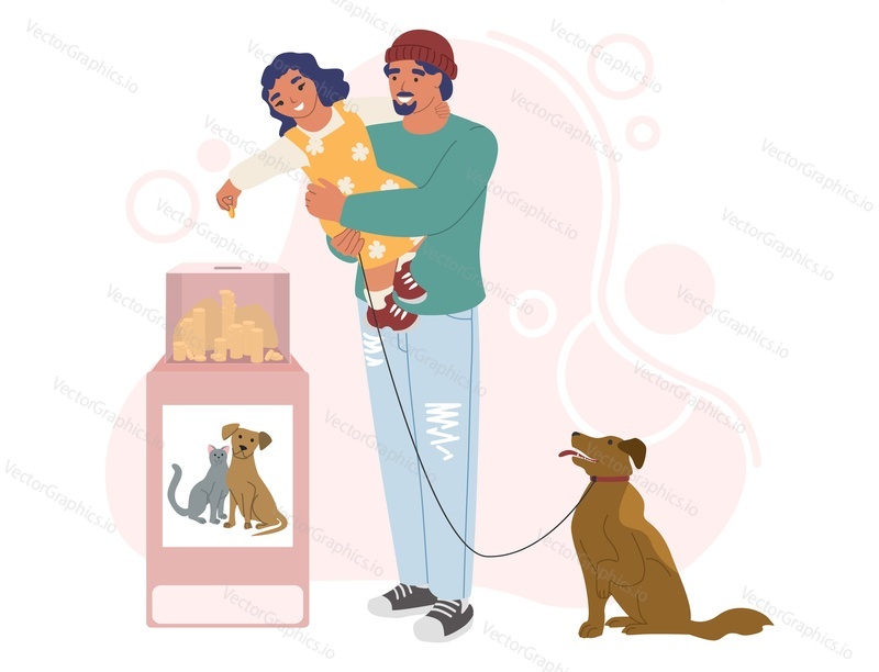 Cute girl putting coin in donation box for stray and homeless animals, flat vector illustration. Pet charity, animal rescue organizations support.