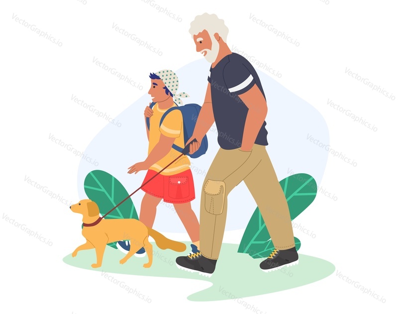 Happy grandfather walking with grandson and pet dog in the park, flat vector illustration. Grandpa with grandkid spending time together. Grandparent grandchild relationships. Family outdoor activity.