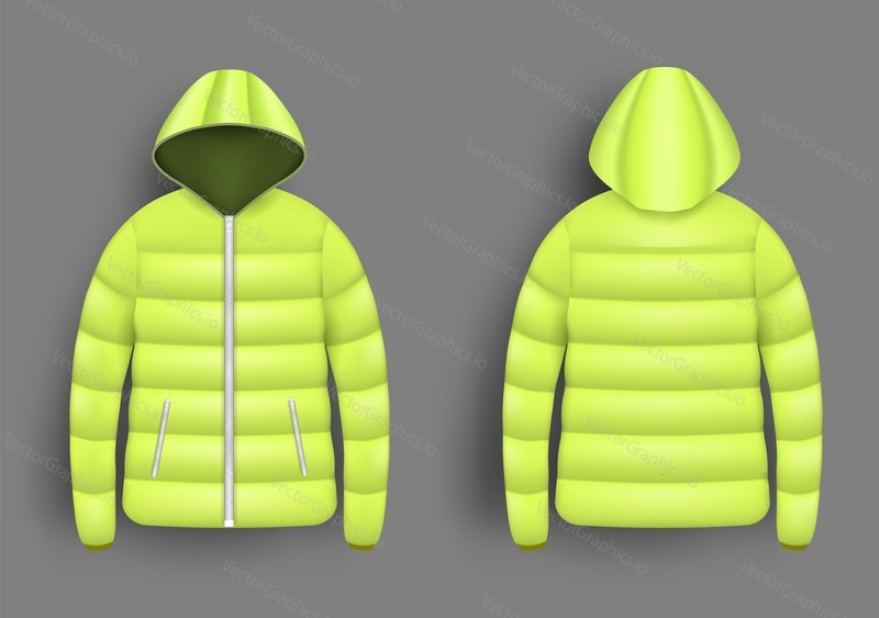 Yellow puffer jacket mockup set, vector isolated illustration. Realistic modern hooded down jacket, padded coat template, front and back view.