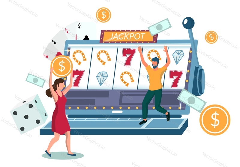 People playing internet slot machine game using laptop computer, flat vector illustration. Casino business. Slots jackpot. Online casino gambling.