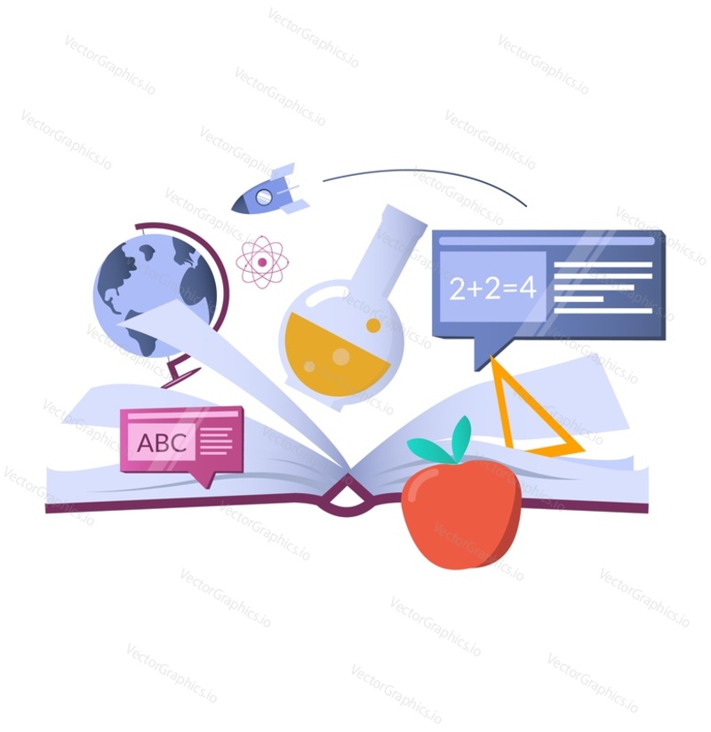 Open book with school and science symbols, flat vector illustration. Knowledge. School and education.