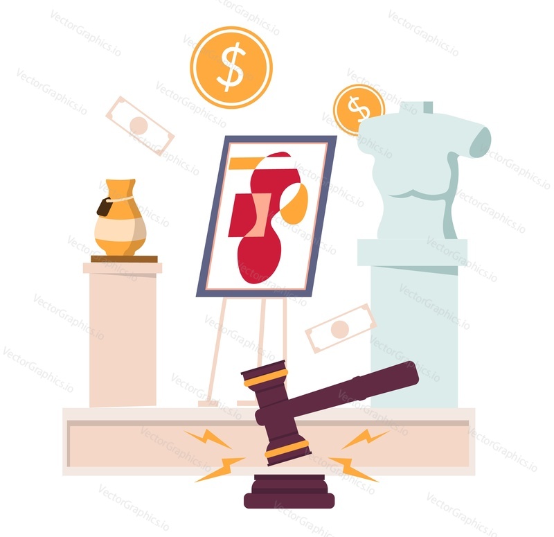 Art auction, flat vector illustration. Auction gavel, money, works of art. Antique vase, painting and bust sculpture are put on sale. Market trade.