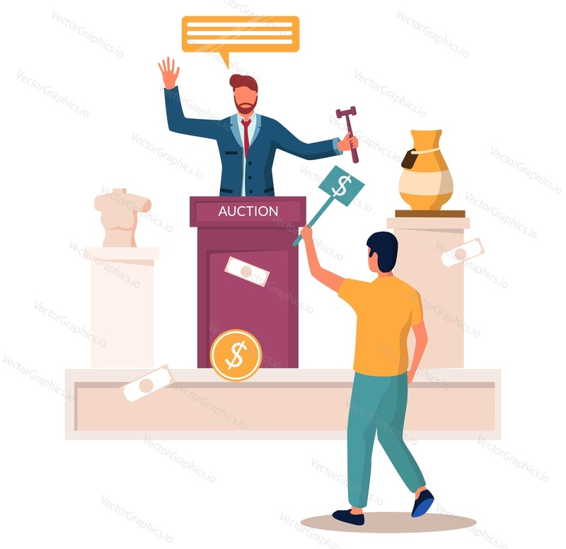 Ceramic and sculpture art auction, flat vector illustration. Male characters auctioneer holding gavel and bidder offering prices with bid puddle in raised hand. Auction business, market trade.
