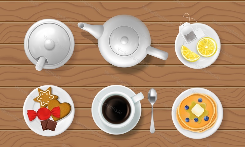 Tea set on wooden table, vector illustration, top view. Teapot, cup, sugar bowl, saucer with spoon, teabag, lemon slices, pancakes, cookies and candy. Tea party.