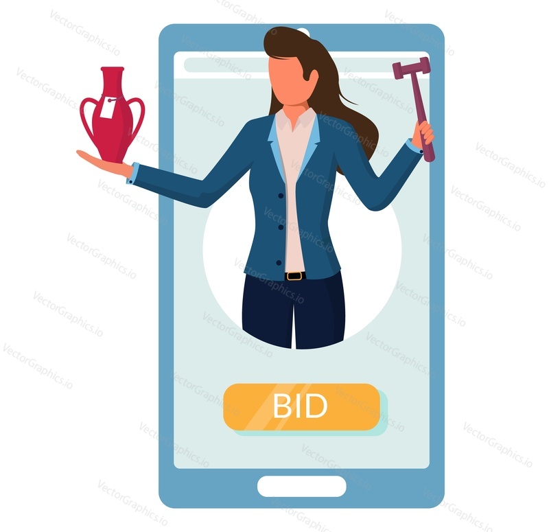 Online auction sale, flat vector illustration. Smartphone with auctioneer holding gavel and vase in hands. Auction and internet bidding from mobile phone.