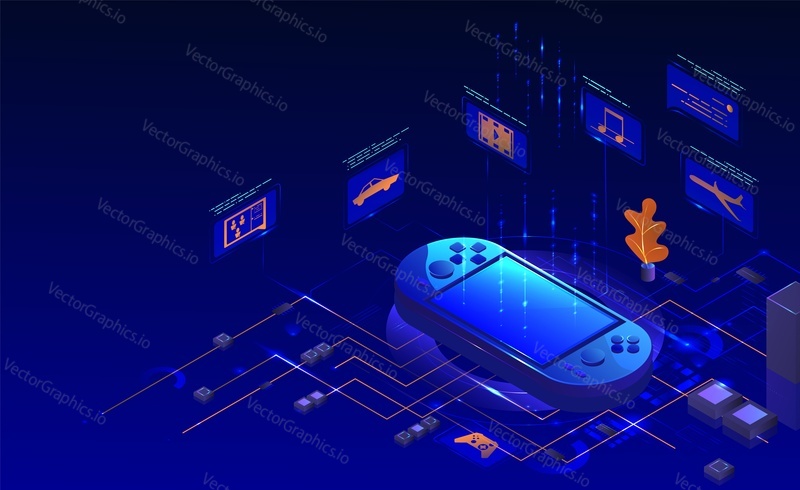 Mobile handheld video game console, vector isometric illustration. Potrable gaming device.