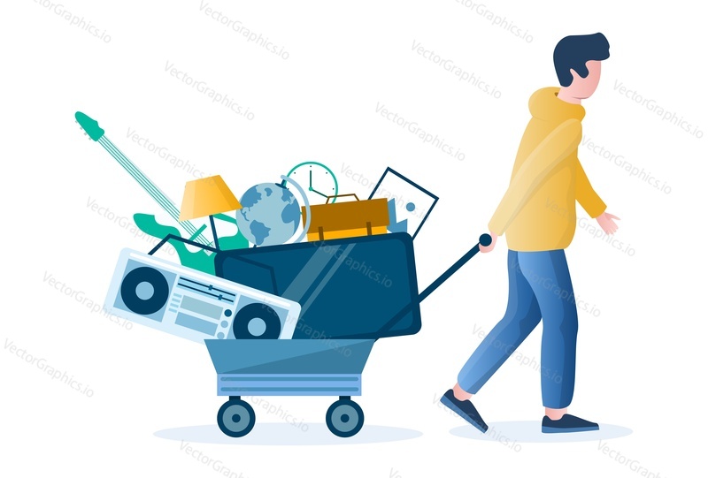 Garage sale. Man pulling cart with old household appliances and other used home goods, flat vector illustration. Yard sale, flee market.